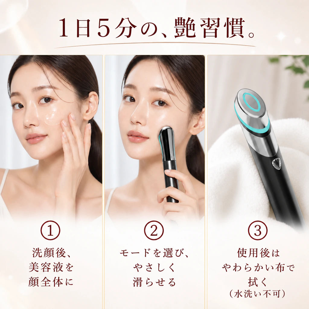 美顔器の使い方 1-2-3（美容液→滑らせる→拭く）