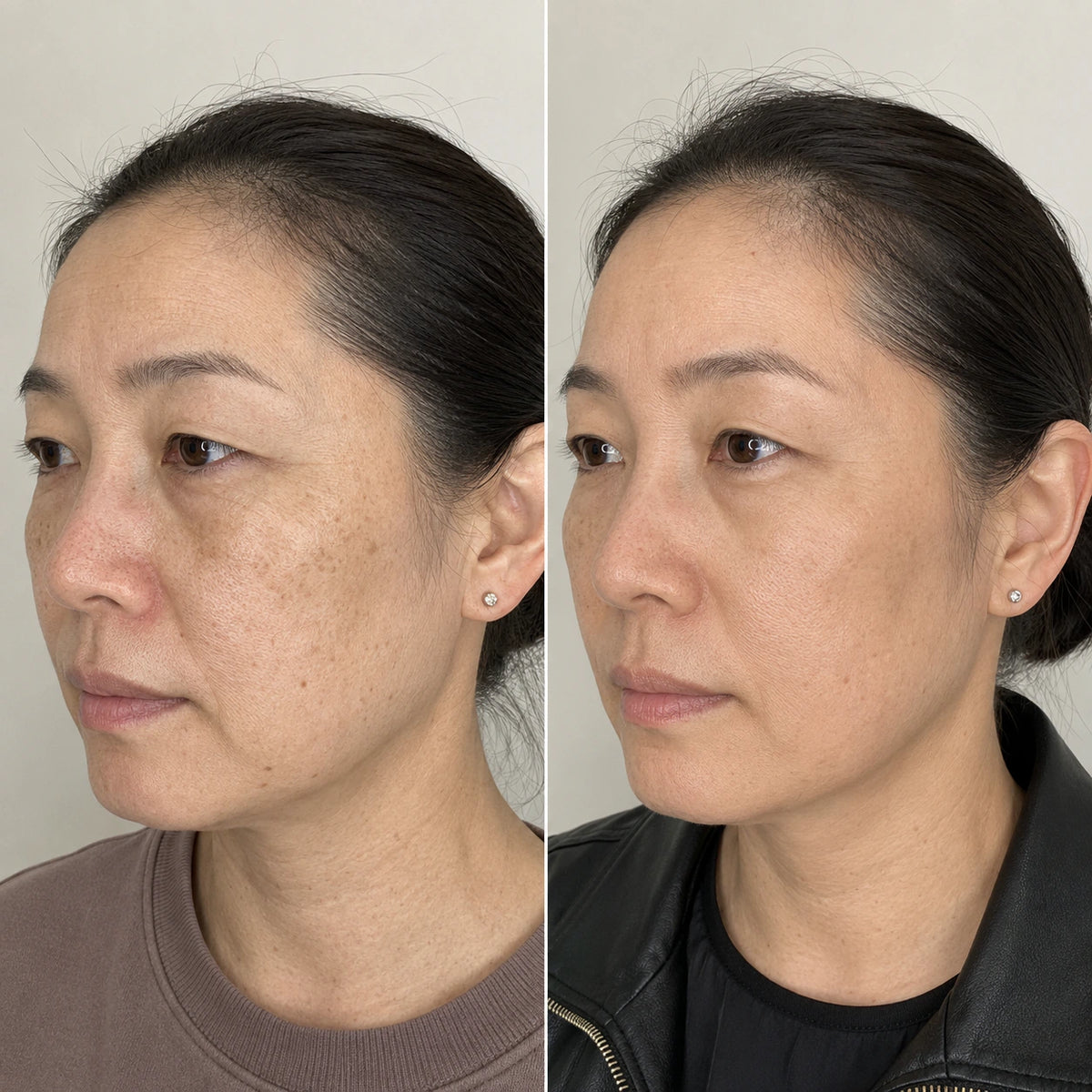 頬の色素斑が目立つ状態と、肌が明るく均一に見える状態を並べた女性の比較イメージ。