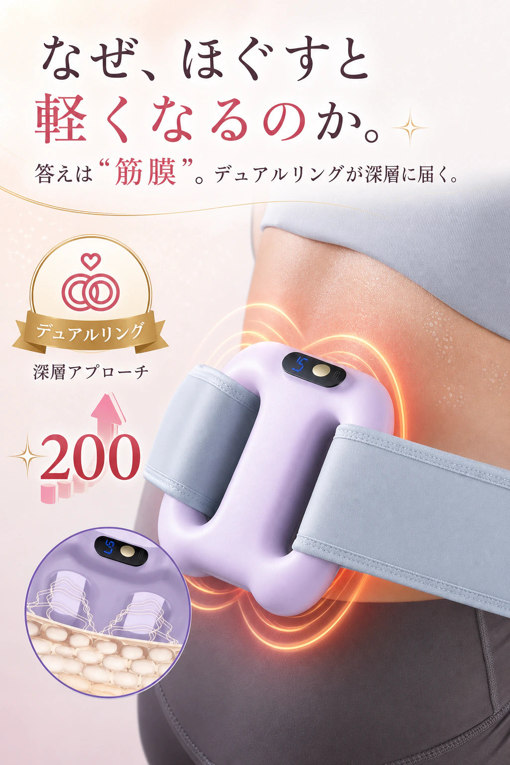 2-in-1マッサージ方法、手持ちとハンズフリー（1.4Mストラップ）
