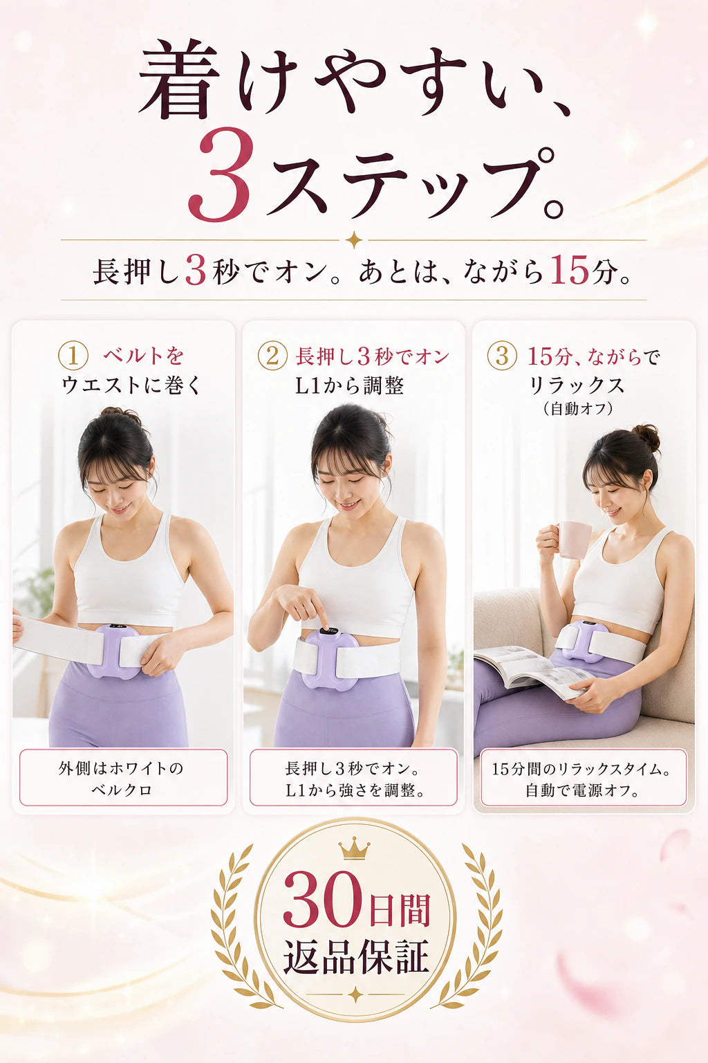 着けやすい3ステップ、外側はホワイトのベルクロ