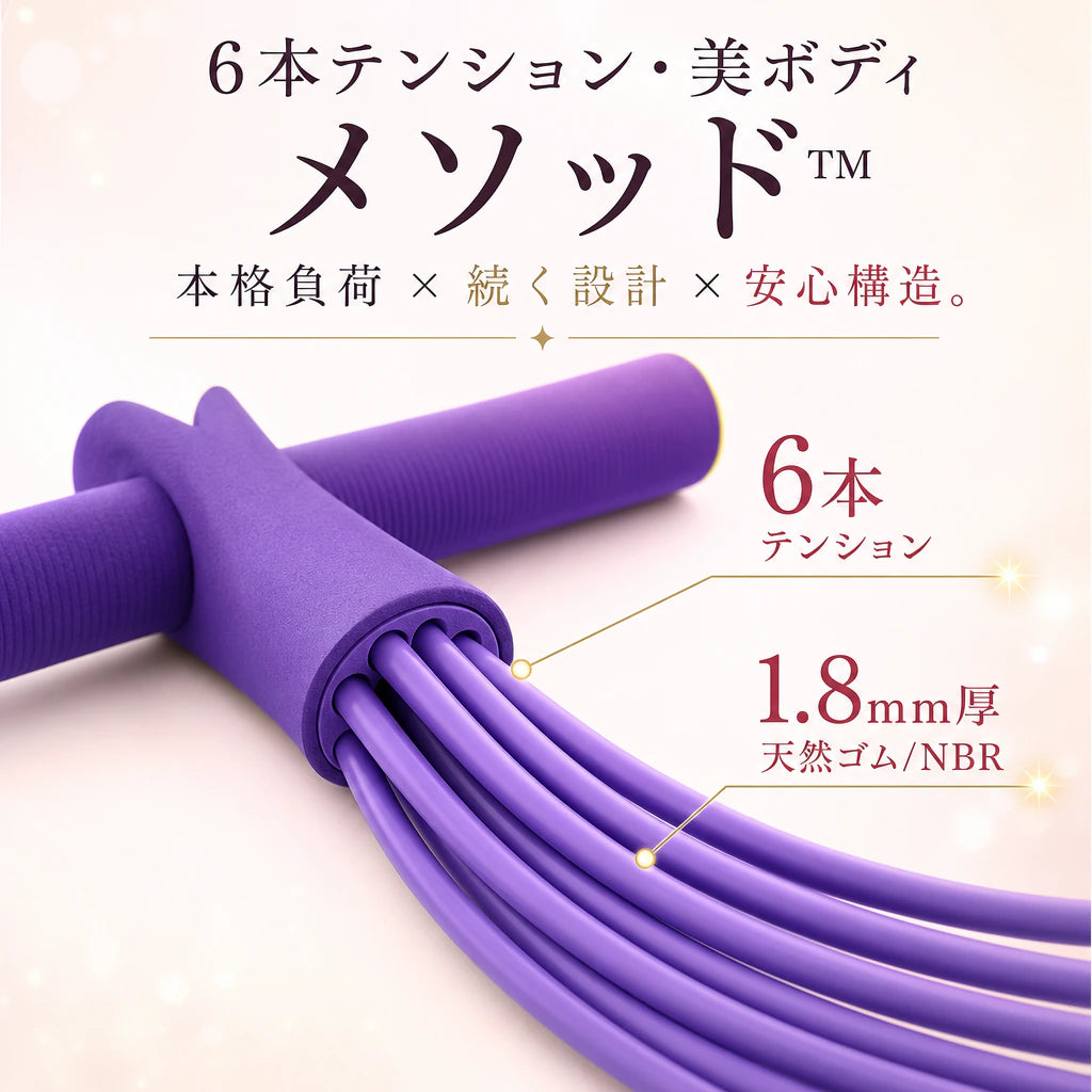 多機能トレーニングチューブで二の腕・くびれ・美脚・お腹を引き締める女性。気になるところに本格負荷。